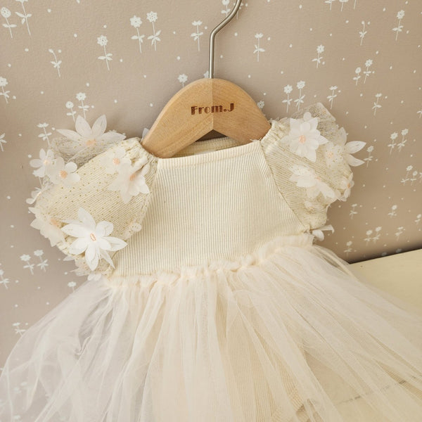 Baby Short Sleeve 3D Flowers Puff Sleeve Tutu Dress Romper (3-18m) - Beige