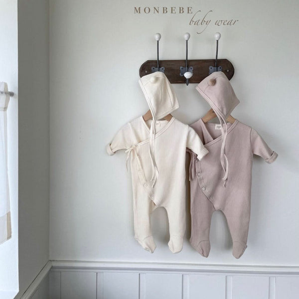 Baby Monbebe Waffle Footed Romper and Pom Pom Bonnet Set (0-6m) - Beige