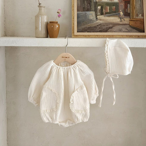 Baby Lace Pocket Bubble Romper and Bonnet Set (13-18m) - Cream - AT NOON STORE