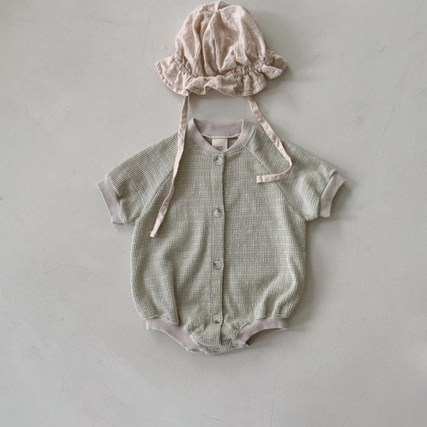 Baby BH Contrast Trim Button Waffle Romper (3-18m) - Mint - AT NOON STORE