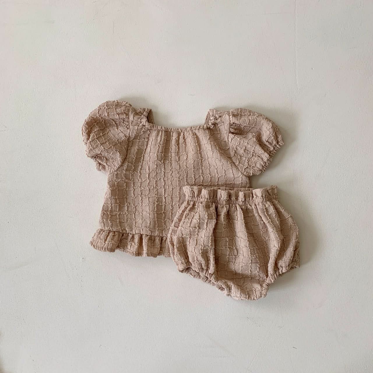 Baby BH Lace Detail Textured Puff Sleeve Top and Bloomer Shorts Set (3-18m) - 2 Colors - AT NOON STORE
