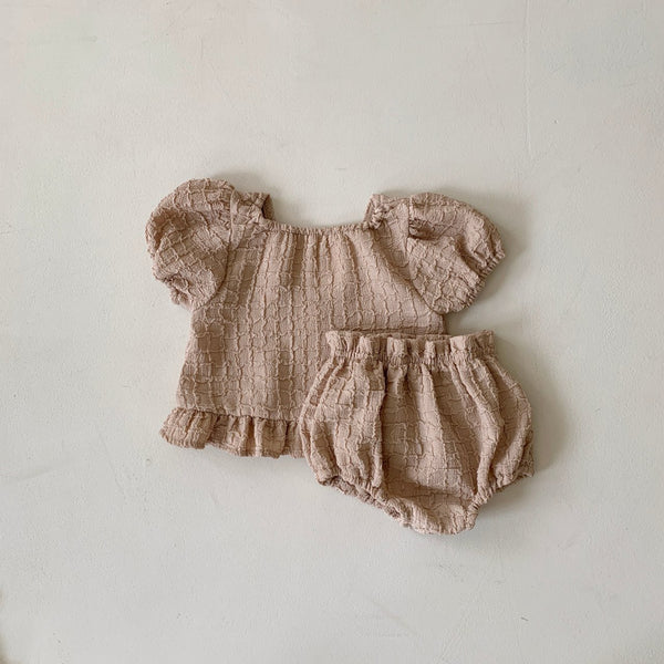Baby BH Lace Detail Textured Puff Sleeve Top and Bloomer Shorts Set (3-18m) - 2 Colors