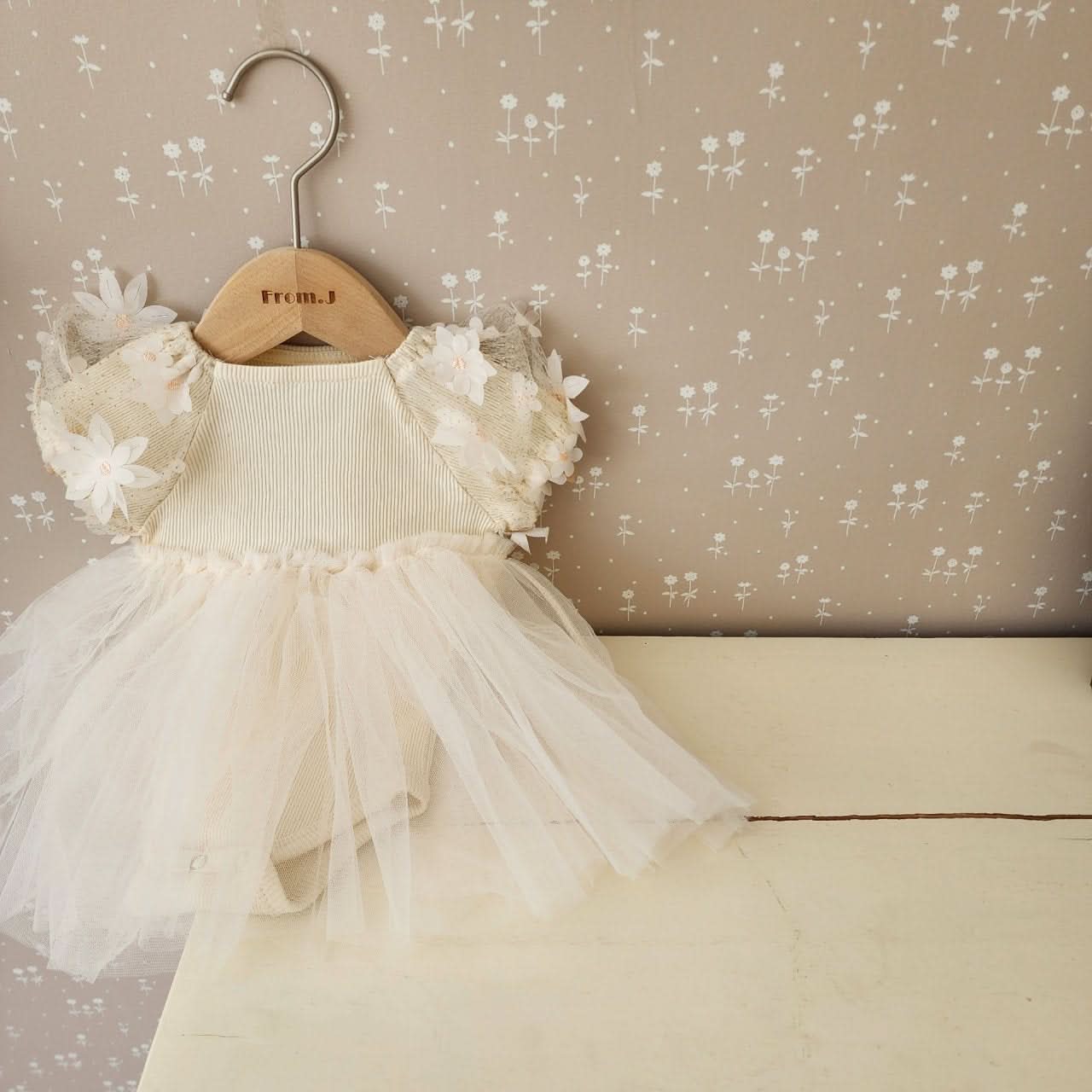 Baby Short Sleeve 3D Flowers Puff Sleeve Tutu Dress Romper (3-18m) - Beige