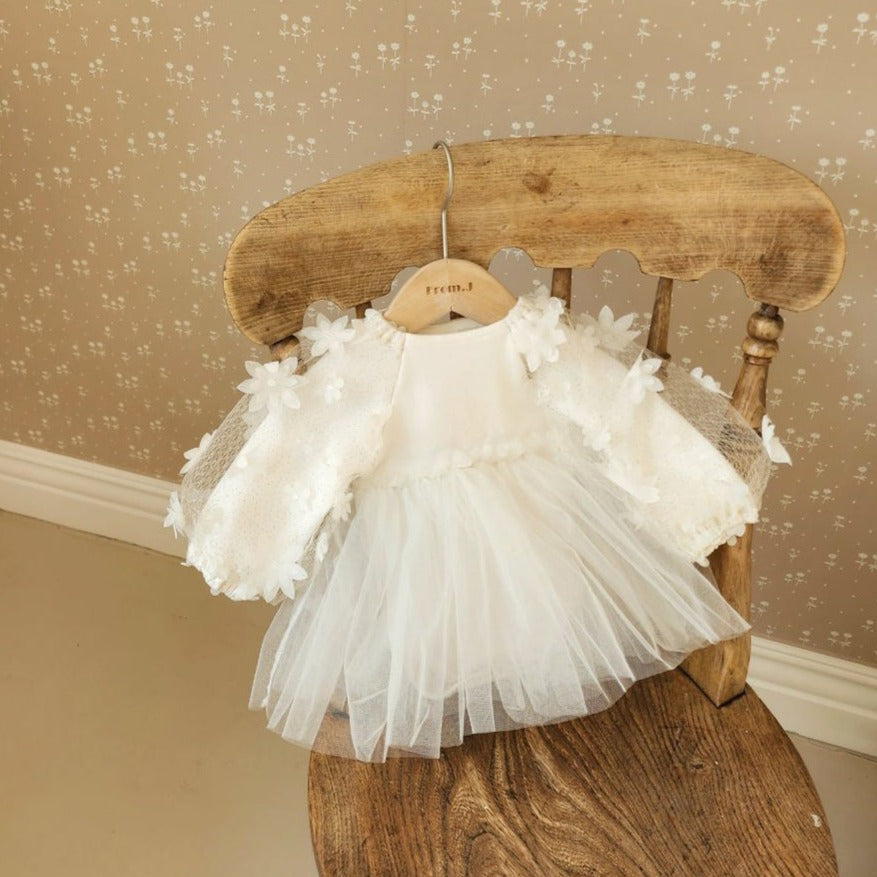 Baby 3D Flowers Long Sleeve Tutu Dress Romper (3-18m) - Cream