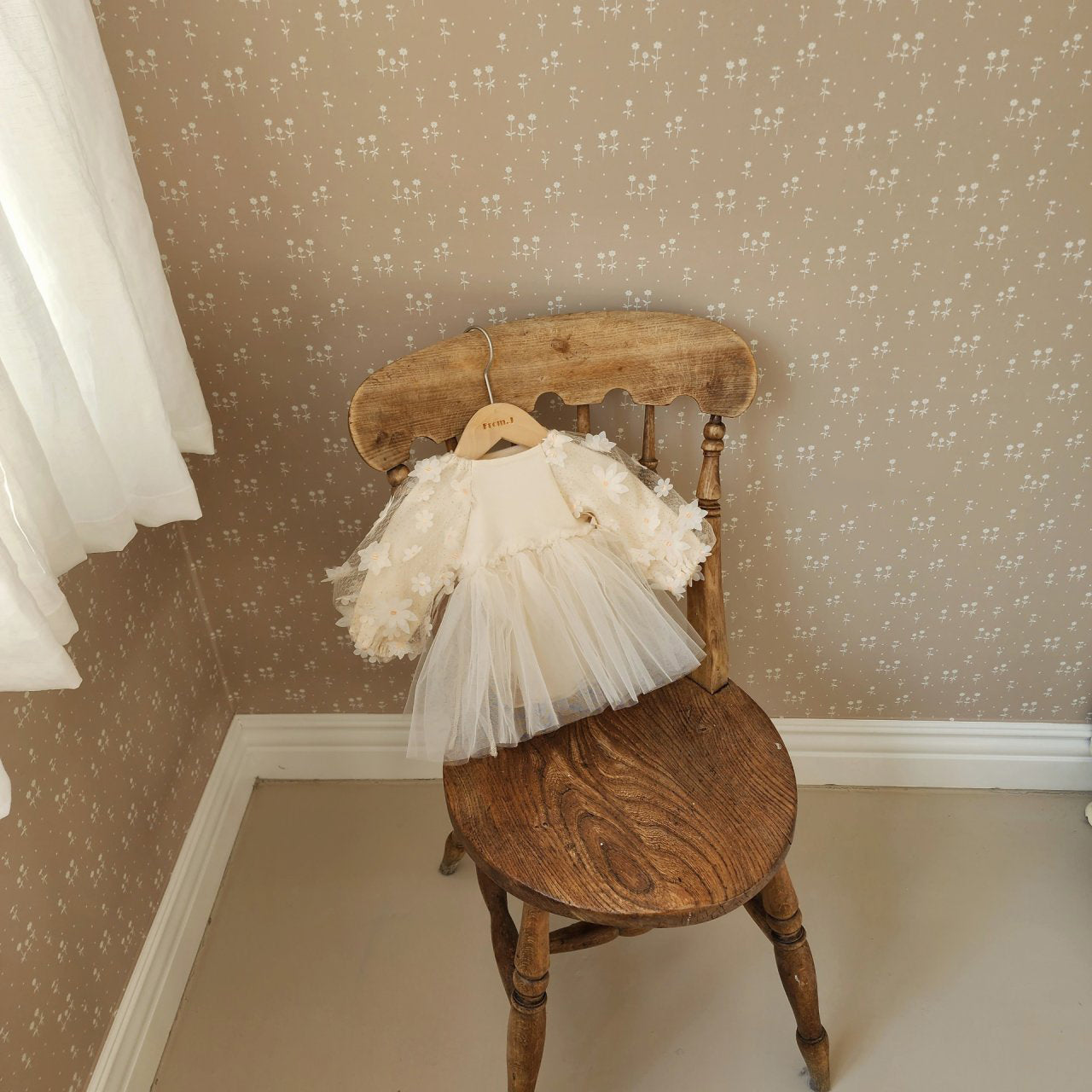 Baby 3D Flowers Puff Sleeve Tutu Dress Romper (3-18m) - Beige - AT NOON STORE