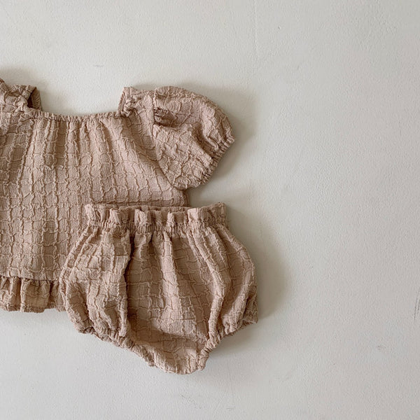 Baby BH Lace Detail Textured Puff Sleeve Top and Bloomer Shorts Set (3-18m) - 2 Colors - AT NOON STORE