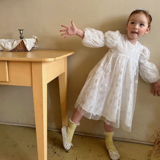 Kids Puff Sleeve Tulle Dress (2 - 5y) - Flower kids outfit