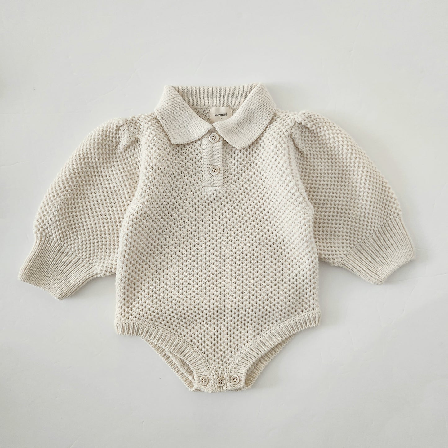 Baby Monbebe Puff Sleeve Sweater Romper (6-24m) - Cream - AT NOON STORE