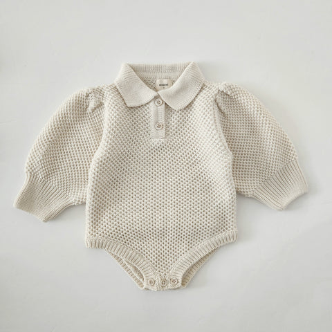 Baby Monbebe Puff Sleeve Sweater Romper (6-24m) - Cream - AT NOON STORE