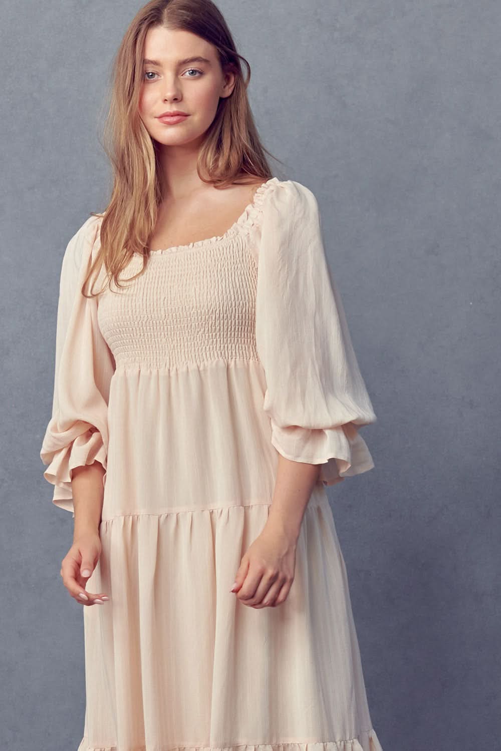 Smocked Bodice 3/4 Sleeve Dress (Mama) - Cream kids outfit