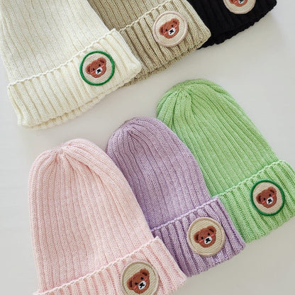 Toddler Bear Patch Ribbed Beanie (2 - 5y) - Pink kids outfit