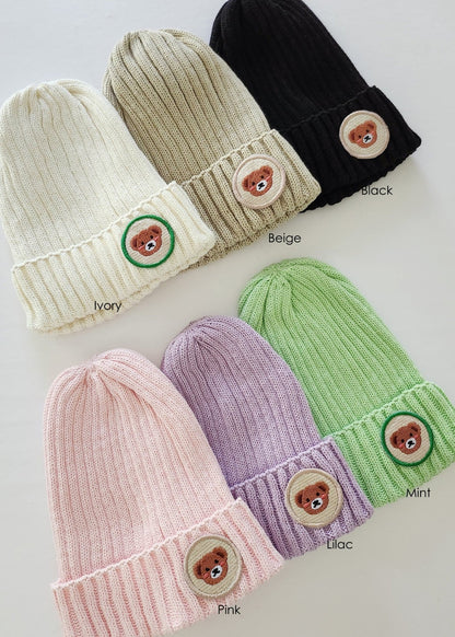 Toddler Bear Patch Ribbed Beanie (2 - 5y) - Pink kids outfit