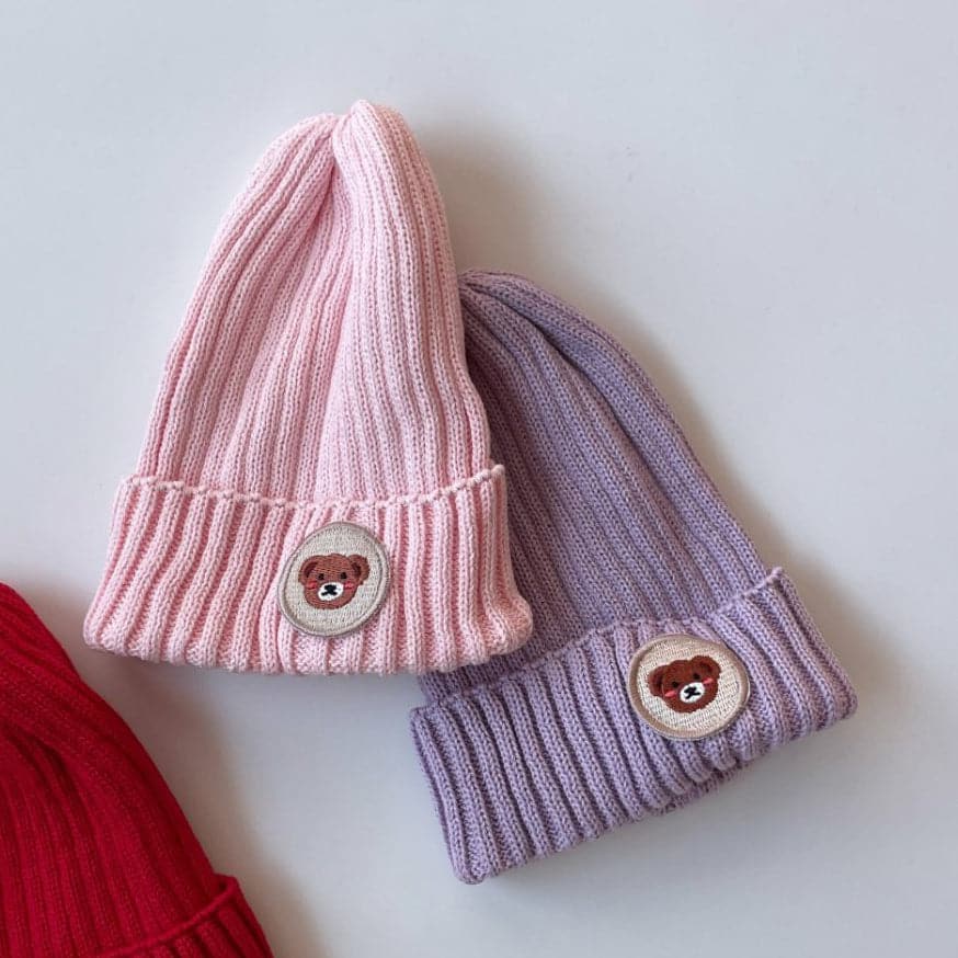 Toddler Bear Patch Ribbed Beanie (2 - 5y) - Pink kids outfit