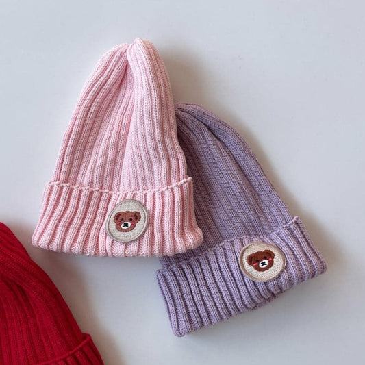 Toddler Bear Patch Ribbed Beanie (2 - 5y) - Pink kids outfit