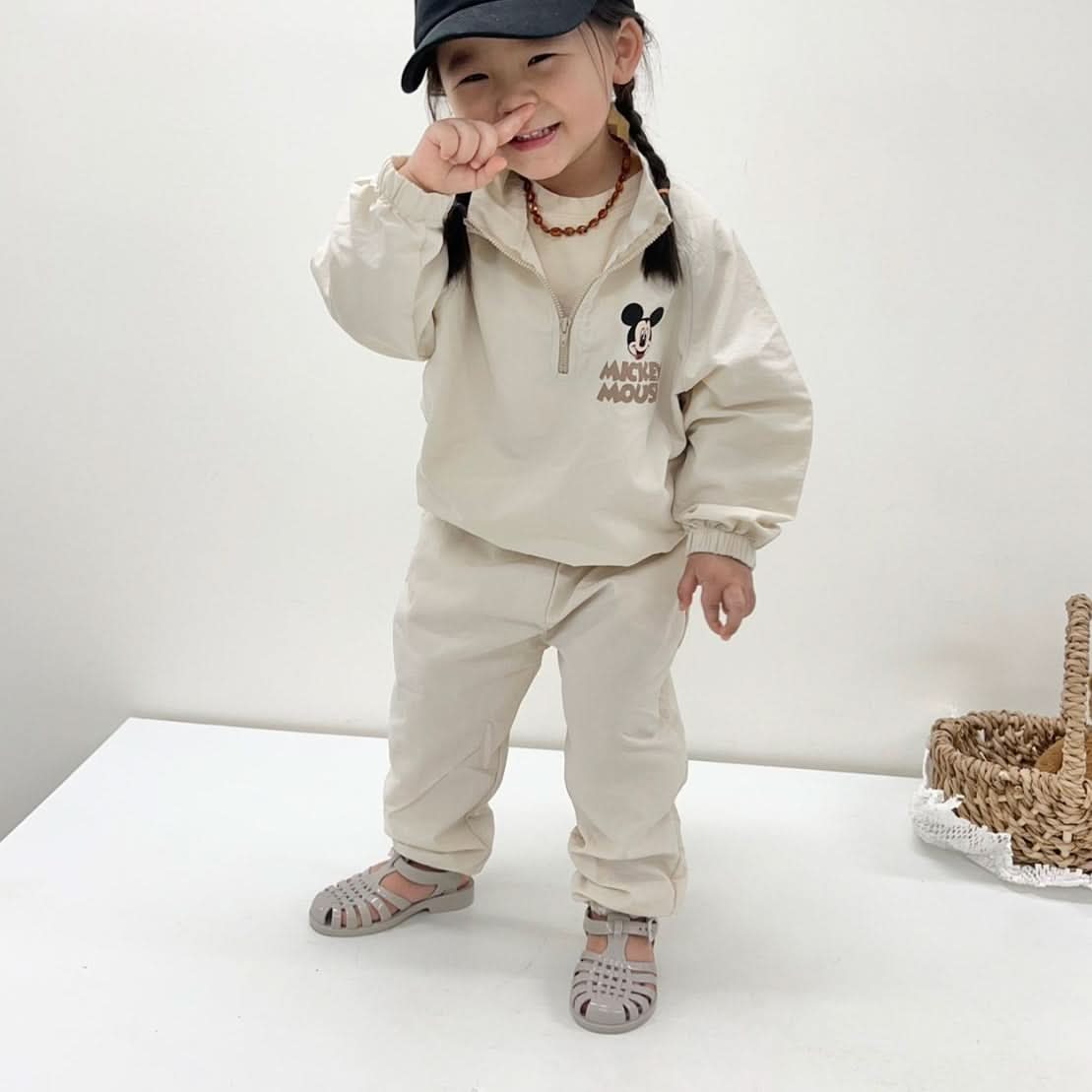 Toddler Mickey Half - Zip Pullover, Jogger Pants, and Shorts Set (1 - 5y) - Mint kids outfit