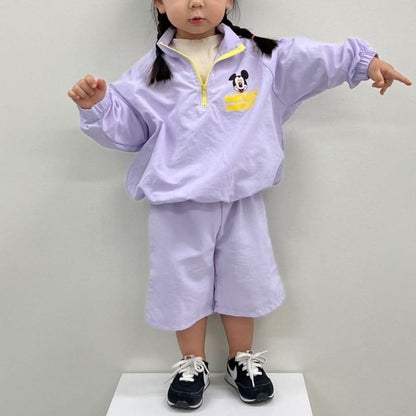 Toddler Mickey Half - Zip Pullover, Jogger Pants, and Shorts Set (1 - 5y) - Purple kids outfit