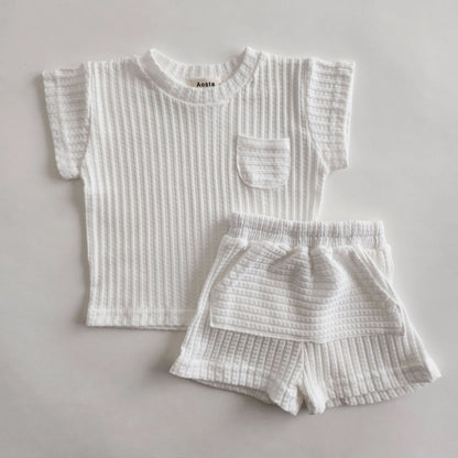 Toddler Short Sleeve Ribbed Pocket T-Shirt and Shorts Set (0 - 5y) - 2 Colors kids outfit