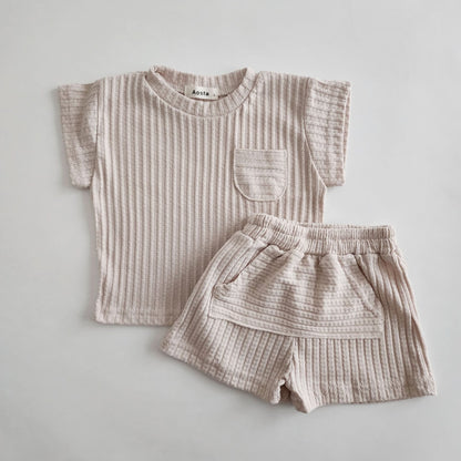 Toddler Short Sleeve Ribbed Pocket T-Shirt and Shorts Set (0 - 5y) - 2 Colors kids outfit