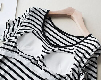Women Striped Short Sleeve Built - in Bra Dress - Black kids outfit