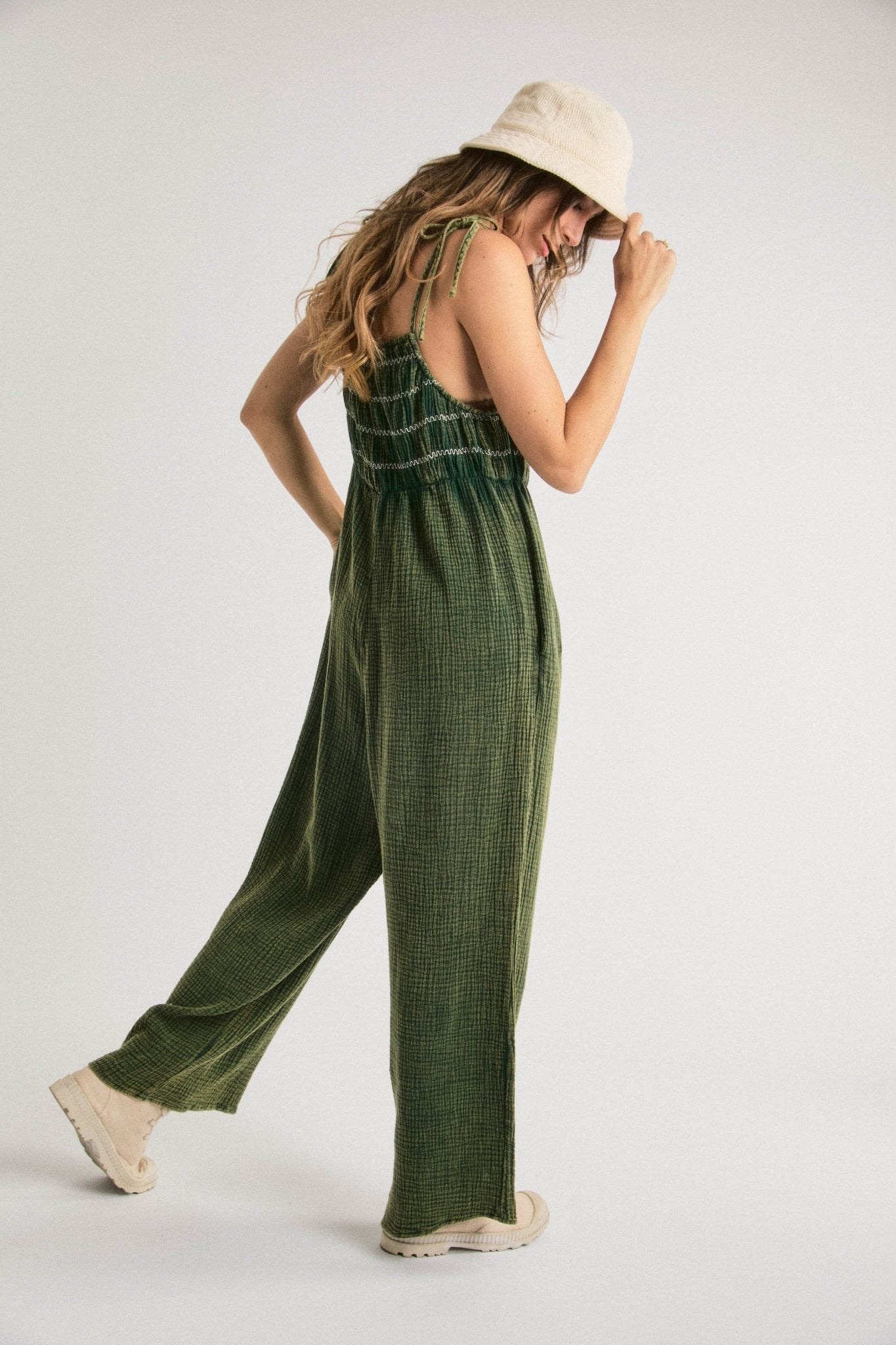 Women's Tie Spaghetti Straps Wide Leg Jumpsuit - Deep Green kids outfit