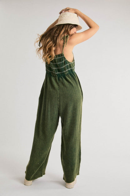 Women's Tie Spaghetti Straps Wide Leg Jumpsuit - Deep Green kids outfit
