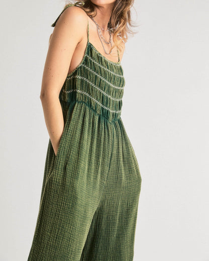 Women's Tie Spaghetti Straps Wide Leg Jumpsuit - Deep Green kids outfit